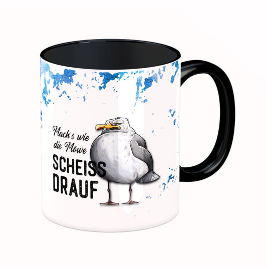 Tasse mit Spruch: Mach's wie die Möwe, scheiß drauf